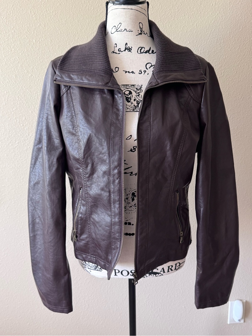 Women’s Brown Faux Leather Zip Jacket - Casual Moto Style
